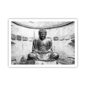 Poster - Statua del Buddha in bianco e nero in posa meditativa - 100x70cm - Alla fonte della pace - Decorazione murale moderna per soggiorno e camera da letto ARTTOR