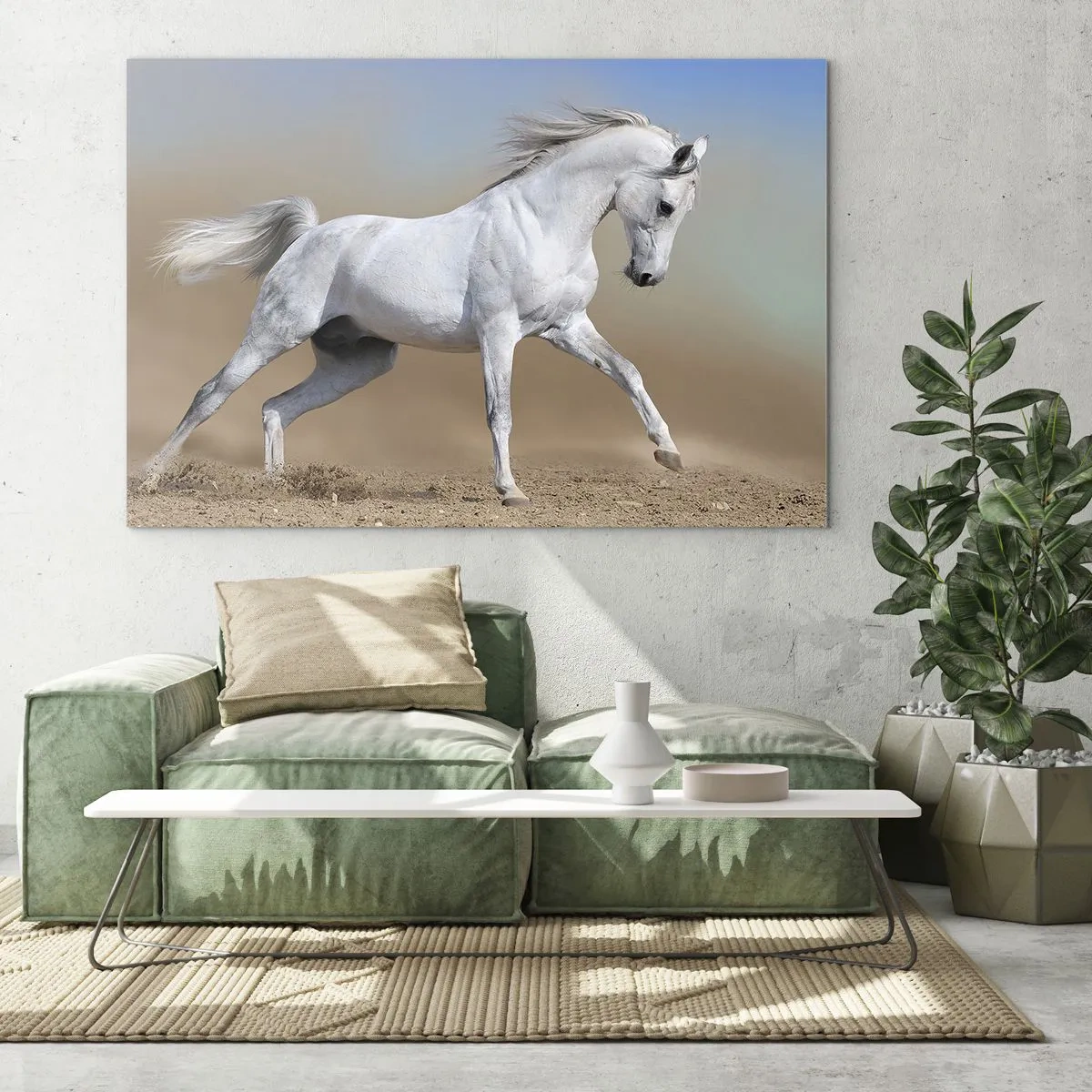 Quadro su vetro - Un cavallo bianco che galoppa sul terreno sabbioso - 120x80cm - La più bella favola araba - Decorazione murale moderna per soggiorno e camera da letto ARTTOR