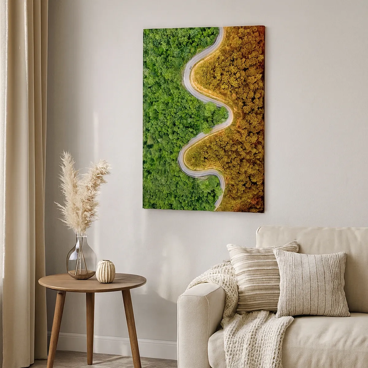 Quadro su tela - Stampe su Tela - Una strada tortuosa attraverso la foresta vista da una prospettiva a volo d'uccello - 50x70cm - Confine e separazione - Decorazione murale moderna per soggiorno e camera da letto ARTTOR