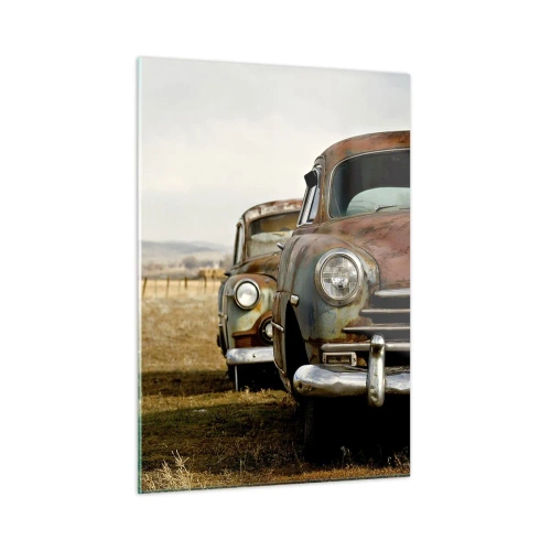 Quadro su vetro - Auto d'epoca su una strada di campagna - 50x70cm - Meritato riposo - Decorazione murale moderna per soggiorno e camera da letto ARTTOR