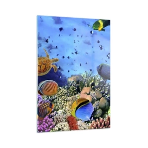 Quadro su vetro - Pesci colorati e una tartaruga marina contro una barriera corallina - 50x70cm - Ma cosa sappiamo della vita... - Decorazione murale moderna per soggiorno e camera da letto ARTTOR