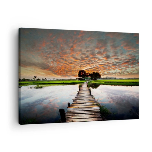 Quadro su tela - Stampe su Tela - Ponte di legno sull'acqua al tramonto - 70x50cm - Allarga le braccia, respira  - Decorazione murale moderna per soggiorno e camera da letto ARTTOR