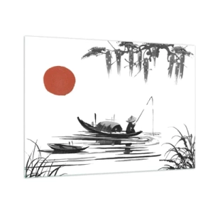 Quadro su vetro - Barca da pesca tradizionale su un fiume con un sole rosso - 100x70cm - Pomeriggio asiatico - Decorazione murale moderna per soggiorno e camera da letto ARTTOR