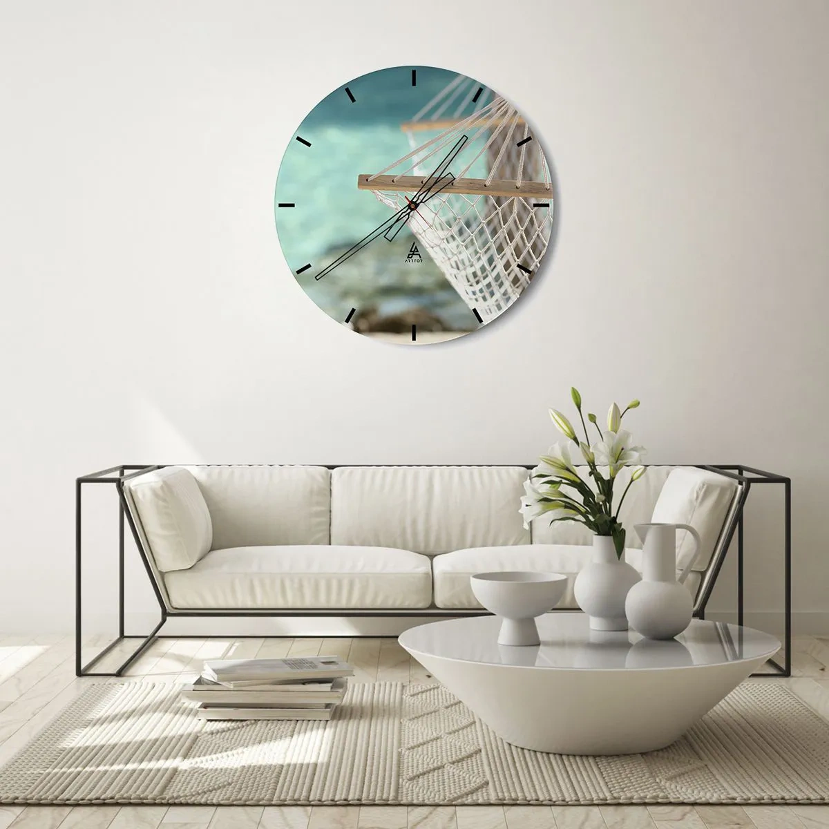 Orologio da parete - Orologio in Vetro - Amaca sull'acqua turchese - 30x30cm - Tempo di relax - Decorazione murale moderna per soggiorno, cucina e camera da letto ARTTOR
