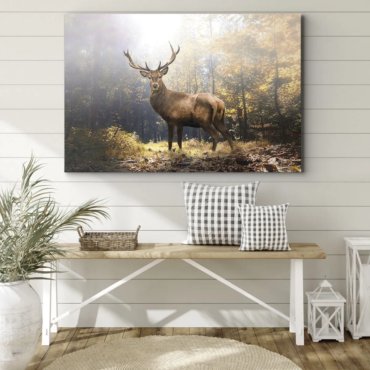 Quadro su tela - Stampe su Tela - Cervi nella foresta autunnale con raggi di sole - 70x50cm - Nella piena maestà - Decorazione murale moderna per soggiorno e camera da letto ARTTOR