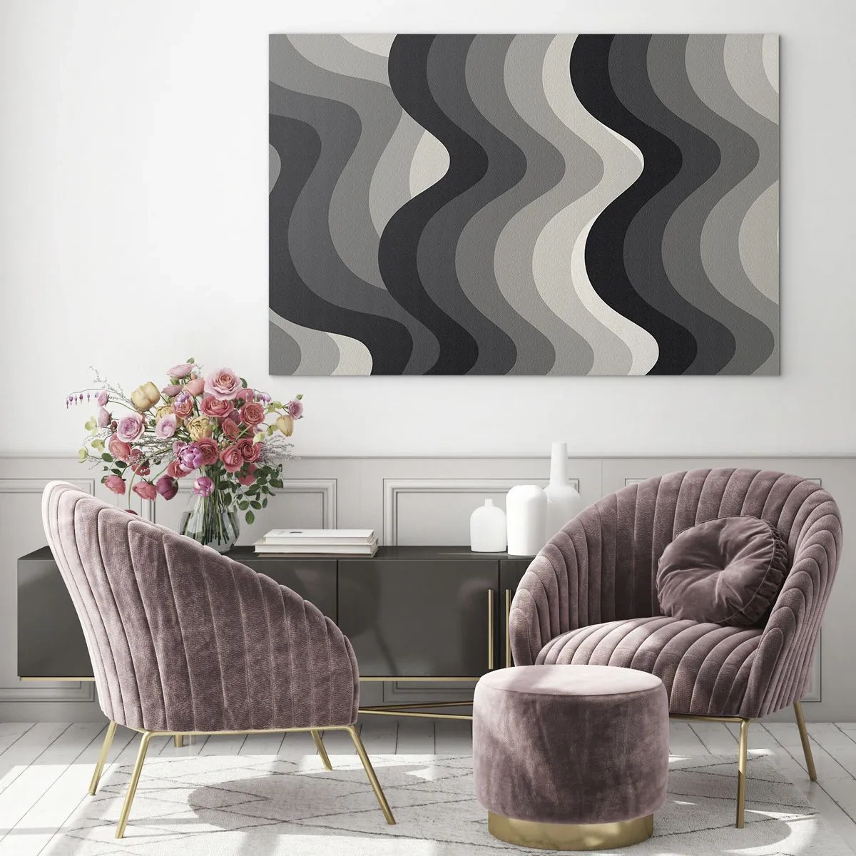 Quadro su vetro - Le onde nelle tonalità del grigio creano un motivo ritmico e geometrico - 120x80cm - Un'onda dopo l'altra - Decorazione murale moderna per soggiorno e camera da letto ARTTOR