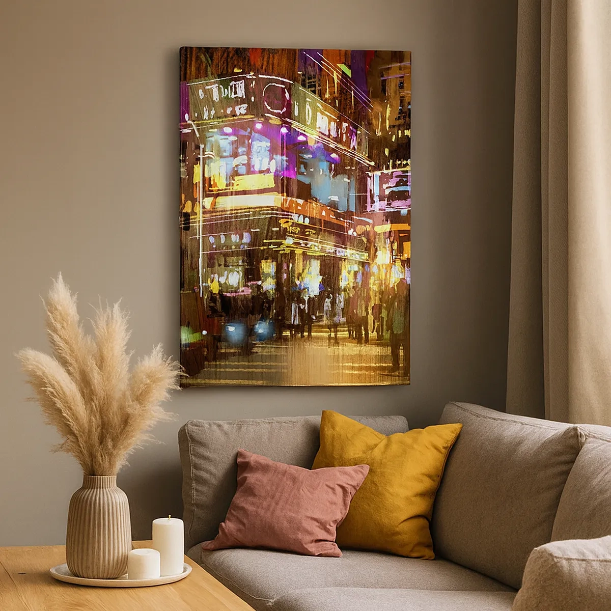 Quadro su tela - Stampe su Tela - Una città vibrante di notte alla luce del neon - 50x70cm - Nel mare di luce - Decorazione murale moderna per soggiorno e camera da letto ARTTOR