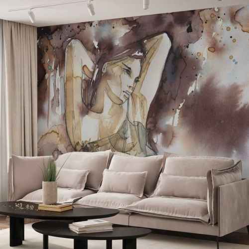 Fotomurali Premium Canvas - Donna in stile acquerello artistico con sfondo marrone - 100x70cm - Di umore lilla - Decorazione murale moderna per soggiorno e camera da letto ARTTOR