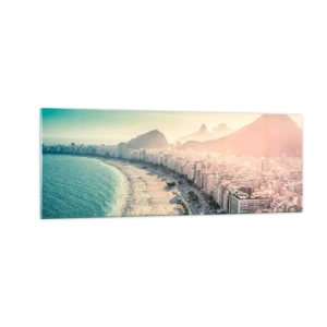 Quadro su vetro - Panorama della spiaggia di Copacabana con le montagne sullo sfondo a Rio de Janeiro - 140x50cm - Vacanze senza fine a Rio - Decorazione murale moderna per soggiorno e camera da letto ARTTOR