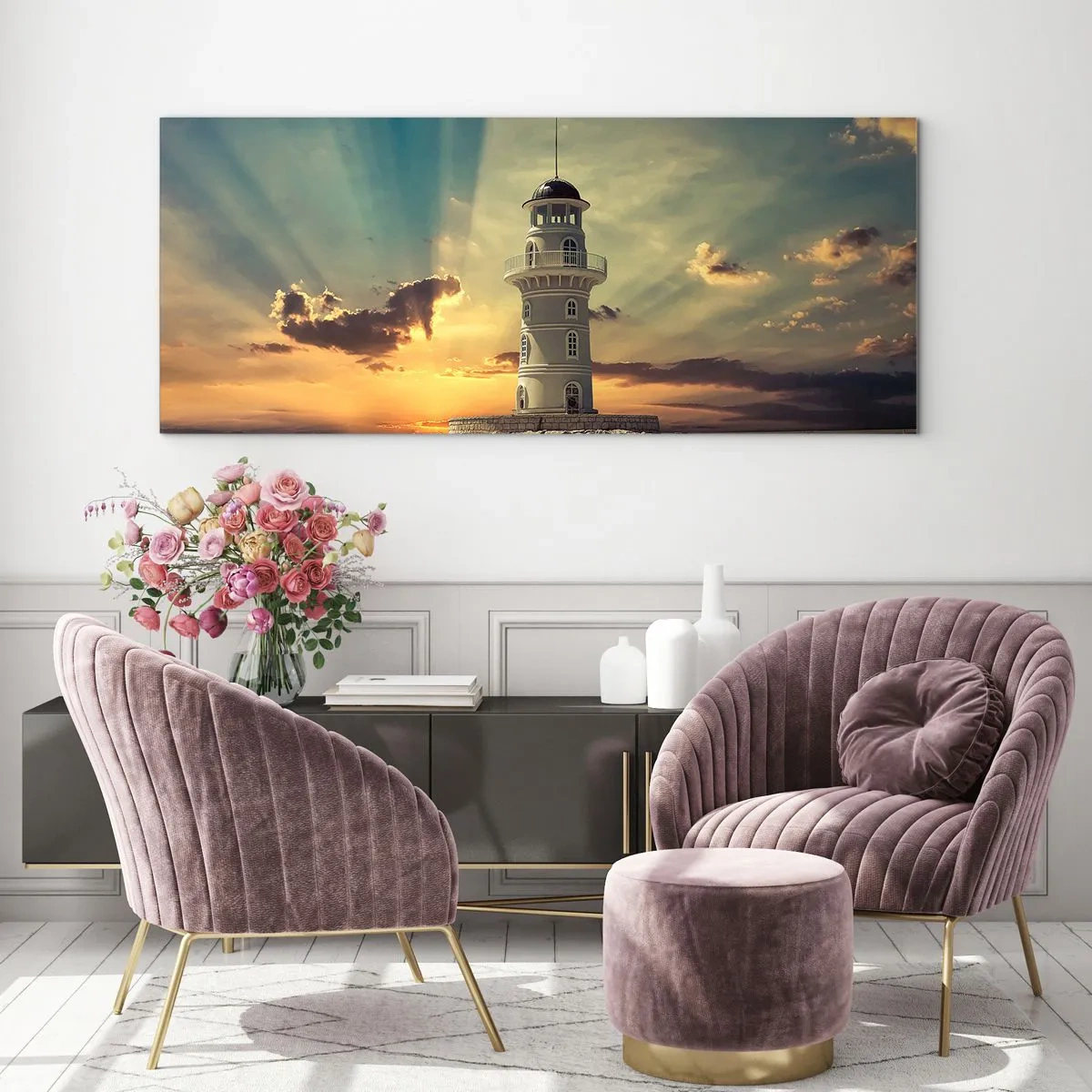 Quadro su vetro - Un faro al tramonto contro il cielo - 120x50cm - Luce - Bontà - Bellezza - Decorazione murale moderna per soggiorno e camera da letto ARTTOR