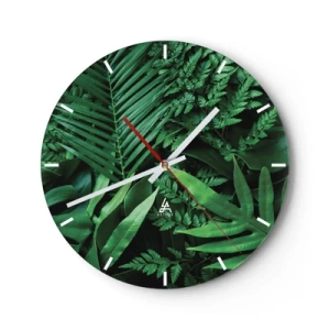 Orologio da parete - Orologio in Vetro - Le foglie verdi tropicali creano una composizione densa e naturale - 30x30cm - Avvolti nel verde - Decorazione murale moderna per soggiorno, cucina e camera da letto ARTTOR