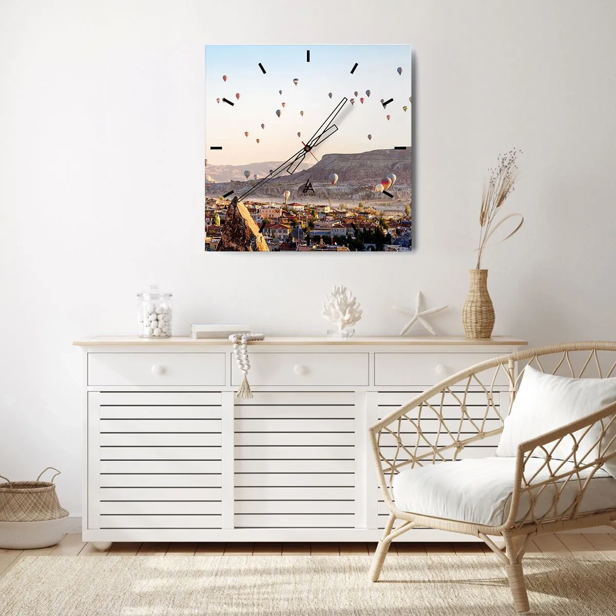 Orologio da parete - Orologio in Vetro - Cappadocia con mongolfiere sullo sfondo di pittoresche colline - 30x30cm - Come navi nel cielo - Decorazione murale moderna per soggiorno e camera da letto ARTTOR