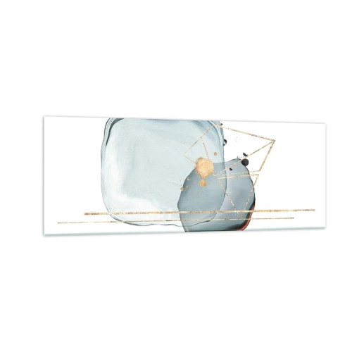 Quadro su vetro - Forme astratte nei toni del blu e dell'oro su sfondo bianco - 140x50cm - Studio di goccia - Decorazione murale moderna per soggiorno e camera da letto ARTTOR