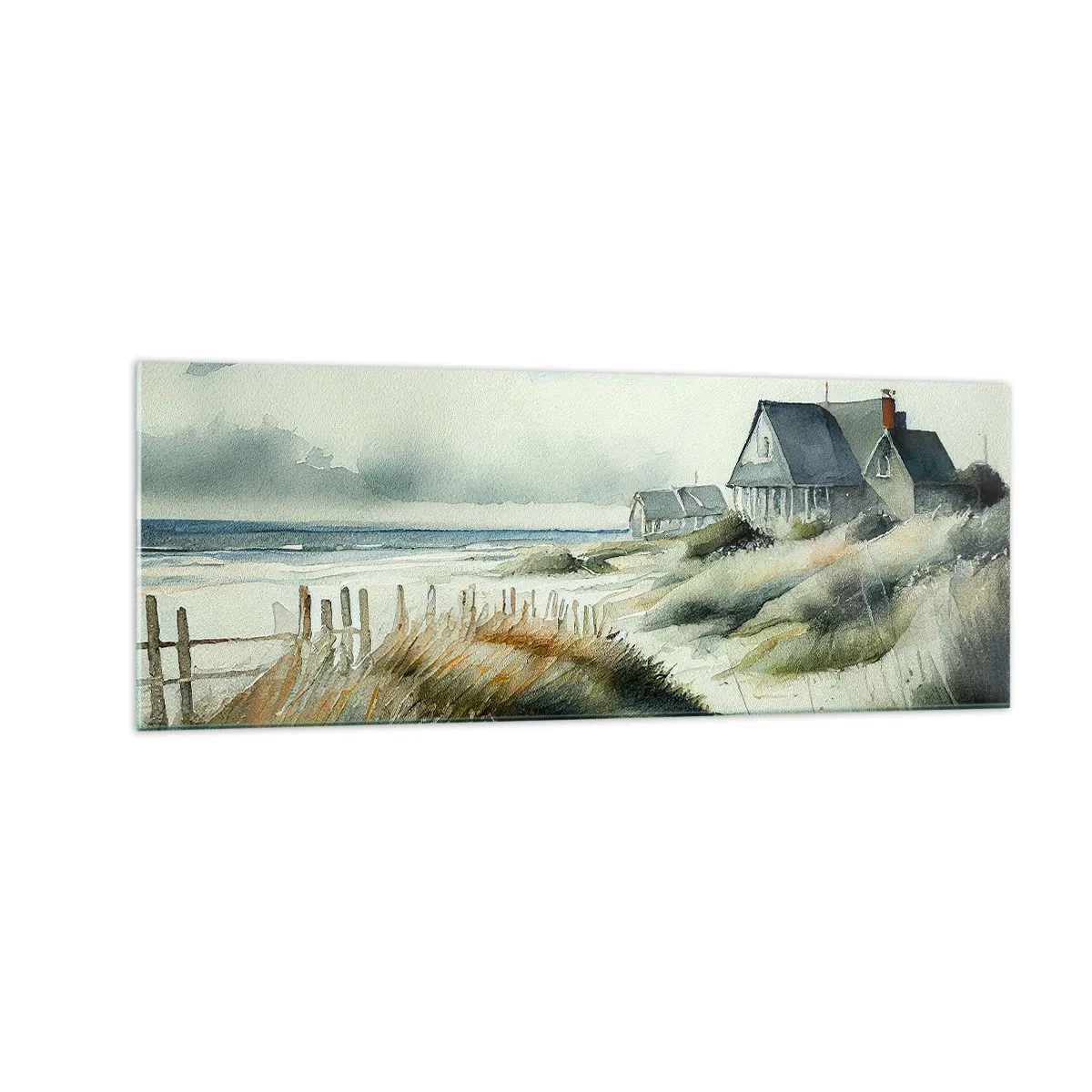Quadro su vetro - Una casa al mare circondata dal prato e con vista sul mare - 140x50cm - Lontano dal caos - Decorazione murale moderna per soggiorno e camera da letto ARTTOR