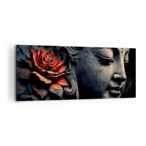 Quadro su tela - Stampe su Tela - Scultura del Buddha con un fiore di loto rosso - 120x50cm - In armonia con il mondo - Decorazione murale moderna per soggiorno e camera da letto ARTTOR