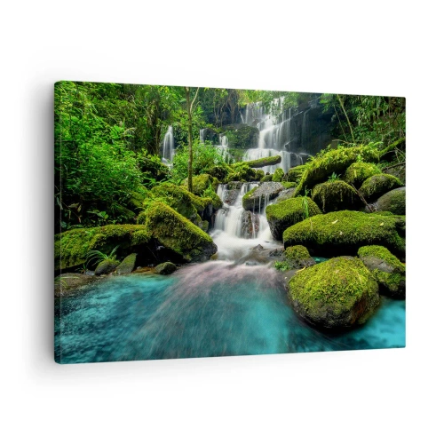 Quadro su tela - Stampe su Tela - Una cascata tropicale circondata dal verde e dall'acqua turchese - 70x50cm - Turchese, zaffiro e argento liquido - Decorazione murale moderna per soggiorno e camera da letto ARTTOR