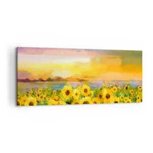 Quadro su tela - Stampe su Tela - Un campo di girasoli alla luce del sole al tramonto - 120x50cm - Il sole è sceso sulla terra - Decorazione murale moderna per soggiorno e camera da letto ARTTOR