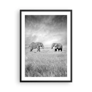 Poster in cornice nera - Elefanti bianchi e neri nella savana - 50x70cm - Grigio è bello - Decorazione murale moderna per soggiorno e camera da letto ARTTOR