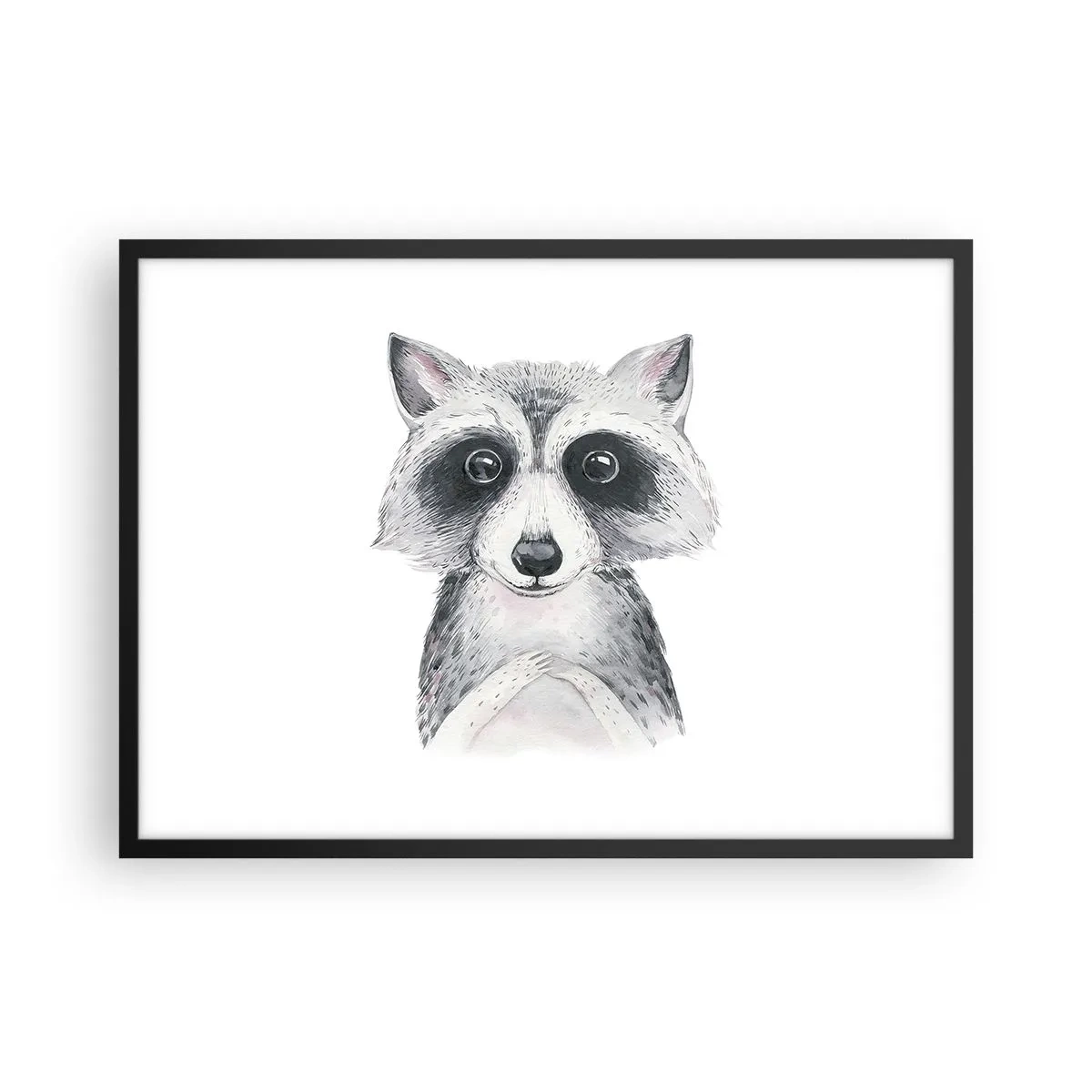 Poster in cornice nera - Adorabile ritratto di un procione su sfondo bianco - 70x50cm - Un attimo di commozione - Decorazione murale moderna per soggiorno e camera da letto ARTTOR