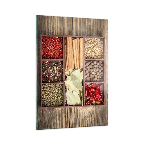 Quadro su vetro - Spezie colorate in scomparti di legno - 50x70cm - Ordine delle forme, bouquet degli aromi - Decorazione murale moderna per soggiorno e camera da letto ARTTOR