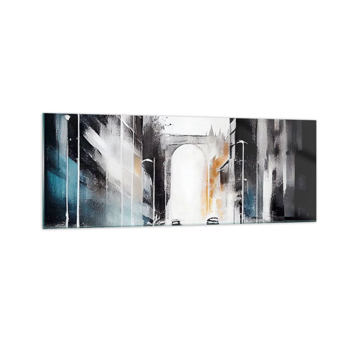Quadro su vetro - Panorama astratto della città con un ponte ad arco - 140x50cm - Studio di città: architettura e movimento - Decorazione murale moderna per soggiorno e camera da letto ARTTOR