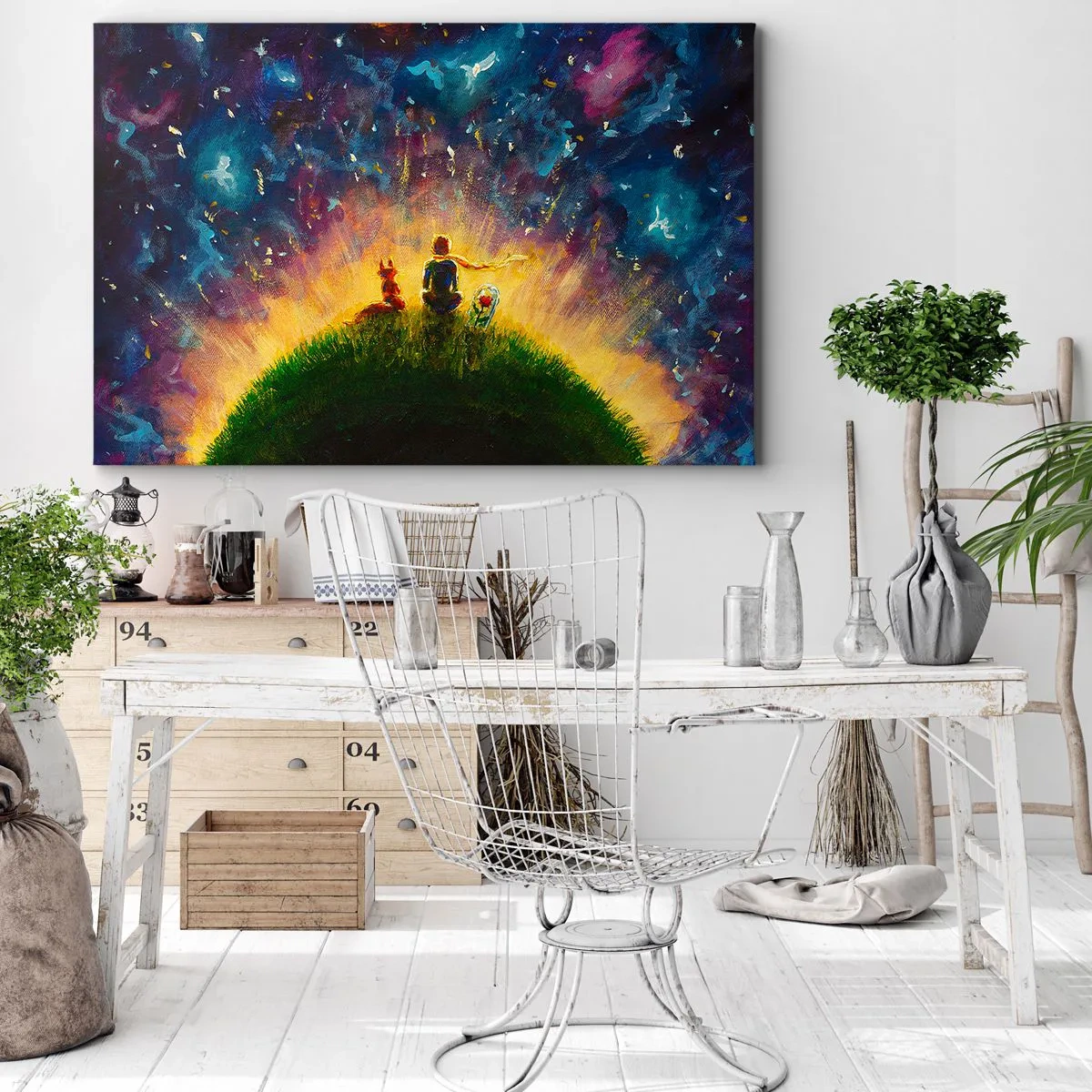 Quadro su tela - Stampe su Tela - Figure su una collina verde circondata da un cielo stellato - 70x50cm - Amore e amicizia: l'intero mondo - Decorazione murale moderna per soggiorno e camera da letto ARTTOR