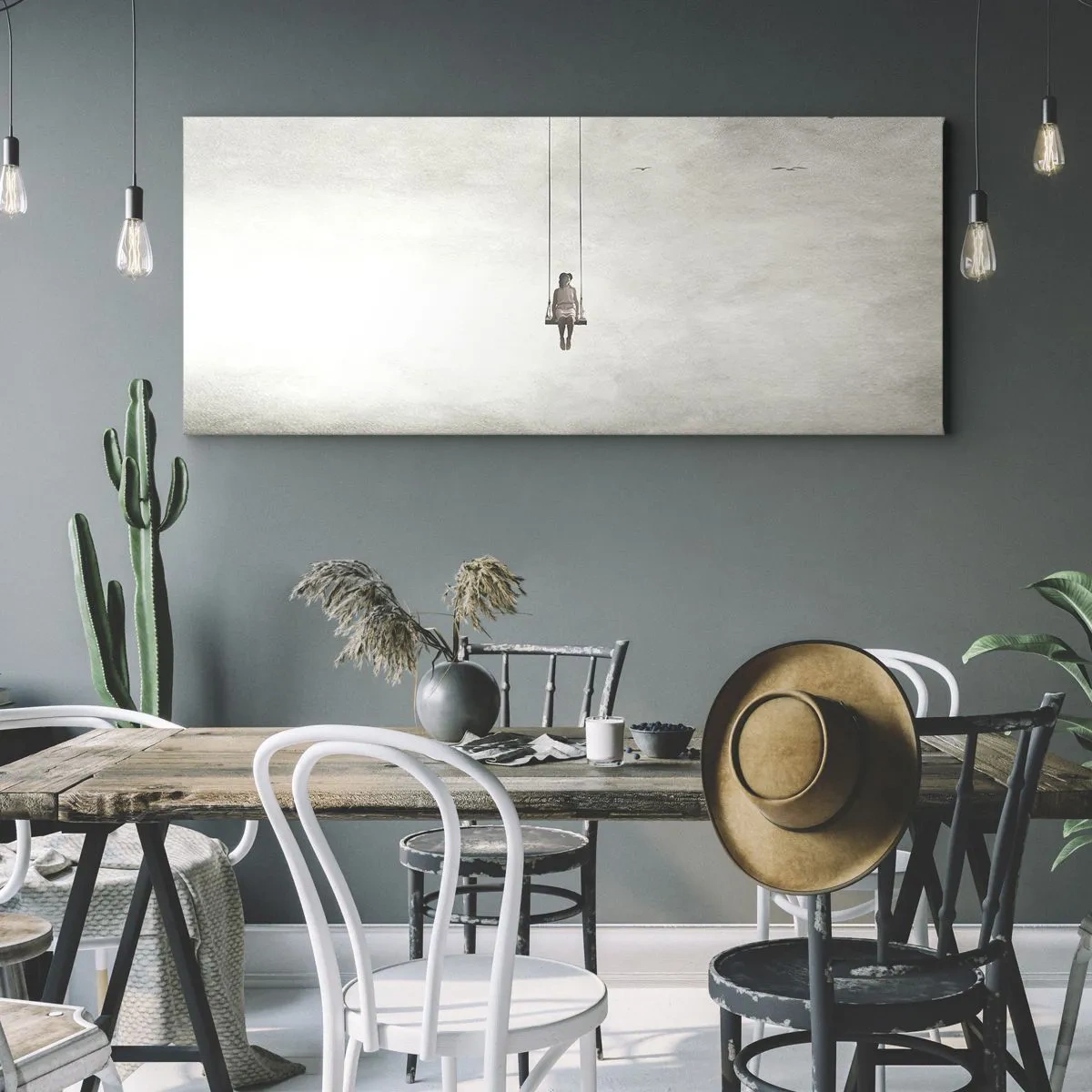 Quadro su tela - Stampe su Tela - Una figura su un'altalena sospesa nello spazio - 140x50cm - Il bambino che è in noi - Decorazione murale moderna per soggiorno e camera da letto ARTTOR