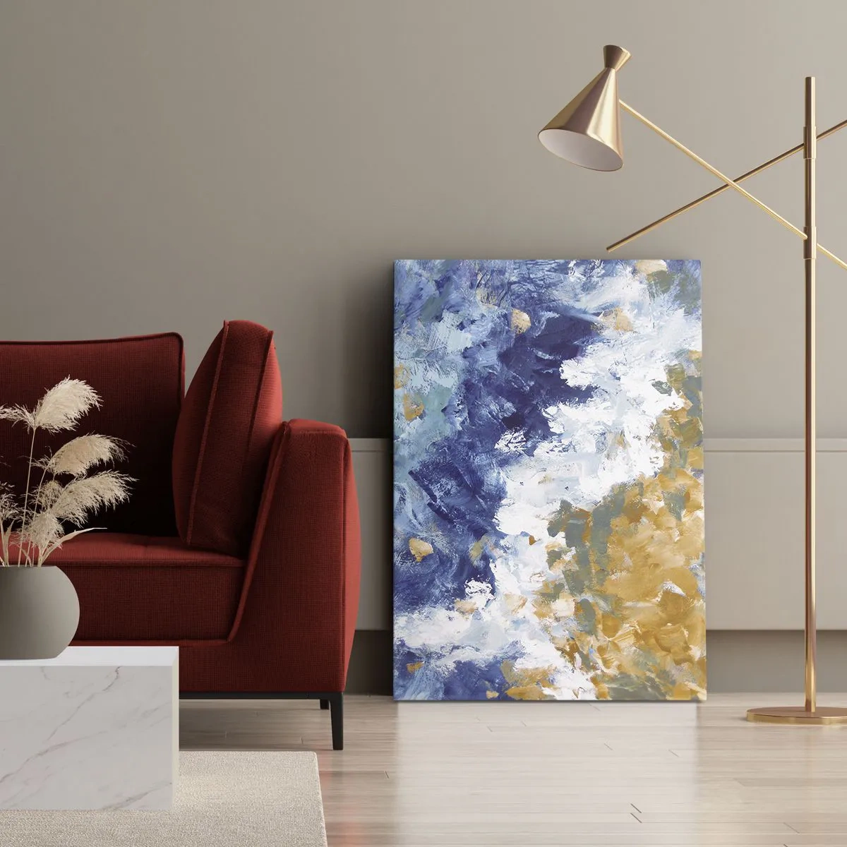 Quadro su tela - Stampe su Tela - Astrazione nei toni del blu, bianco e oro - 50x70cm - La danza degli elementi - Decorazione murale moderna per soggiorno e camera da letto ARTTOR