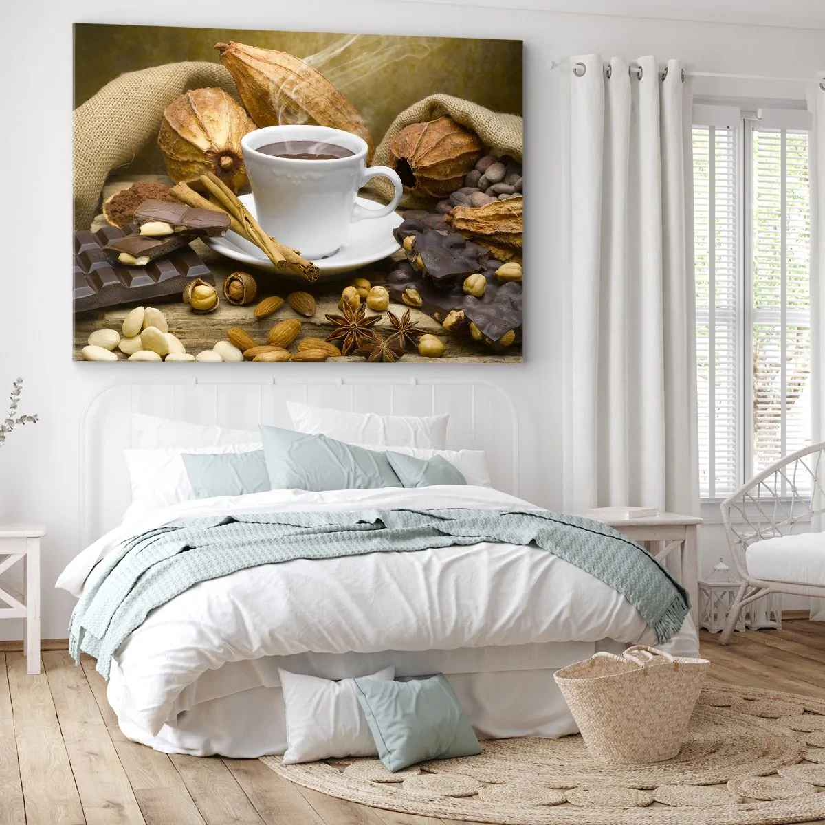 Quadro su tela - Stampe su Tela - Una tazza di cioccolata calda circondata da cacao e cannella - 120x80cm - Per i cercatori di emozioni - Decorazione murale moderna per soggiorno e camera da letto ARTTOR