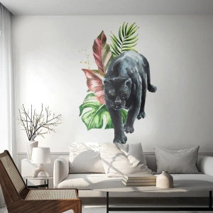 Fotomurali Premium Canvas - Pantera nera circondata da foglie tropicali - 100x70cm - Cuore selvaggio - Decorazione murale moderna per soggiorno e camera da letto ARTTOR