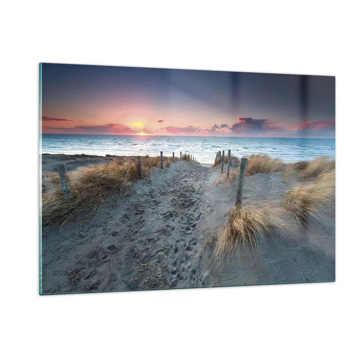 Quadro su vetro - Sentiero tra le dune che porta al mare al tramonto - 120x80cm - Hai versato un arcobaleno di luce radiosa... - Decorazione murale moderna per soggiorno e camera da letto ARTTOR