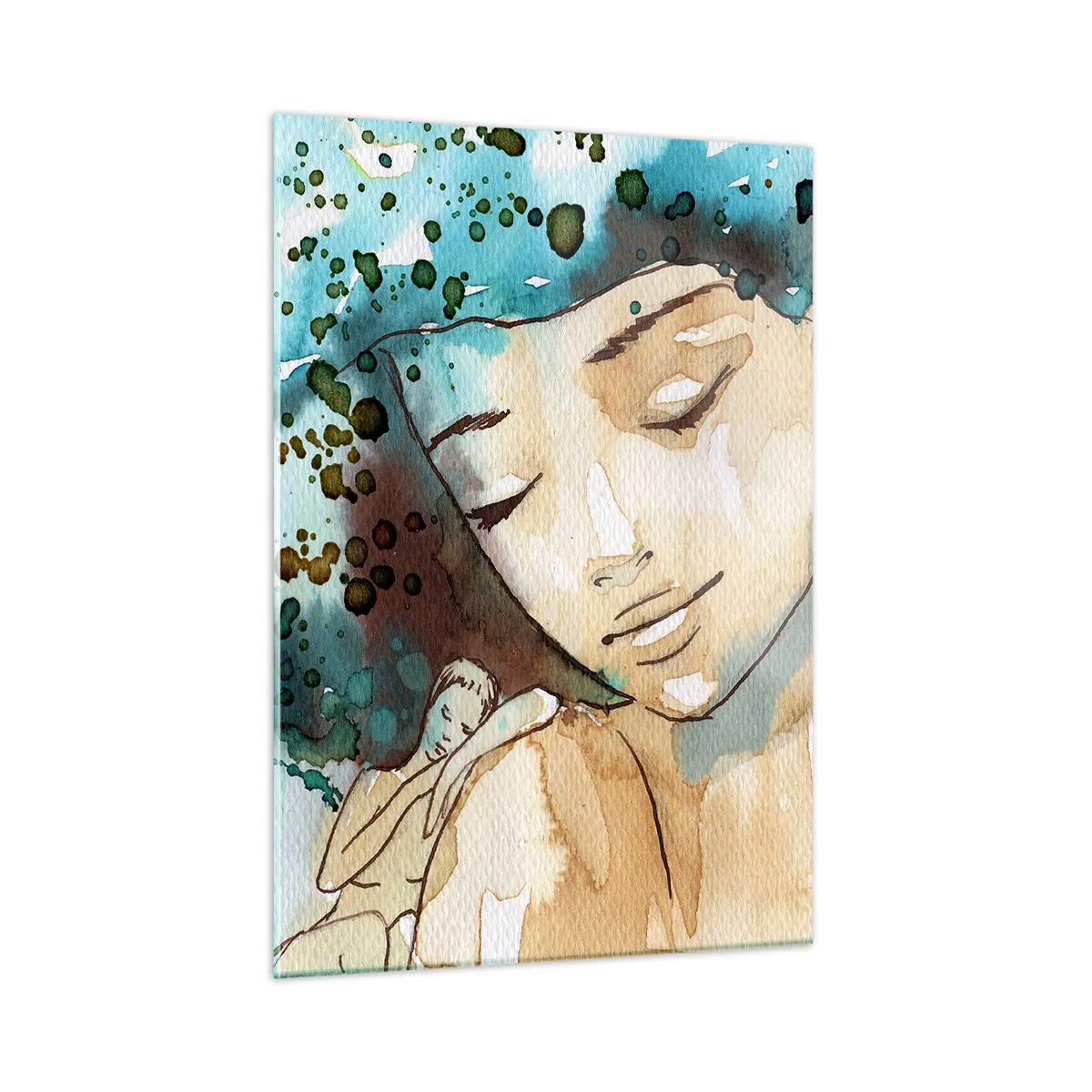 Quadro su vetro - Ritratto ad acquerello di una donna con gli occhi chiusi - 50x70cm - Lady in blue - Decorazione murale moderna per soggiorno e camera da letto ARTTOR