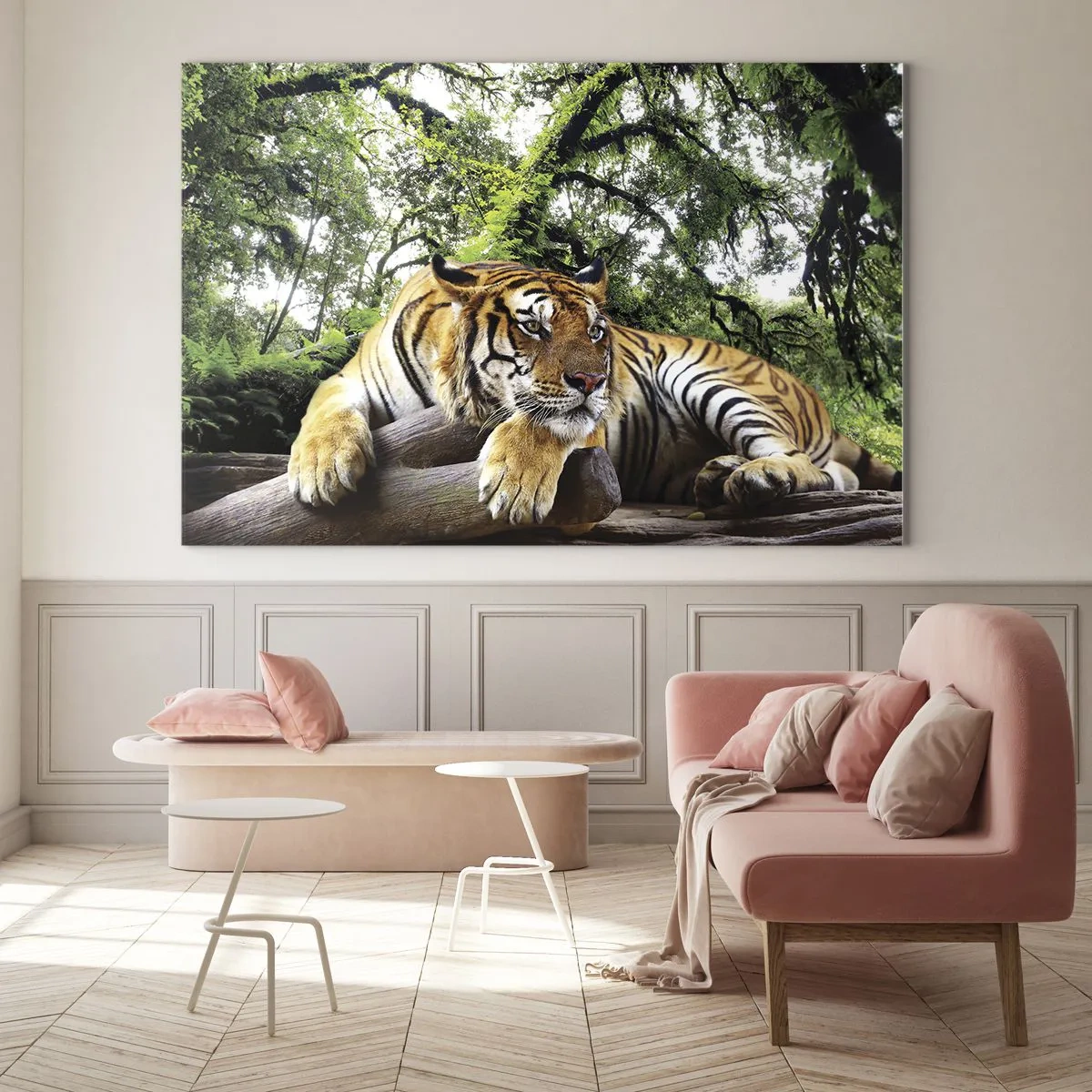 Quadro su vetro - Una tigre che riposa in una verde foresta tropicale - 100x70cm - Con espressioni di stima - Decorazione murale moderna per soggiorno e camera da letto ARTTOR