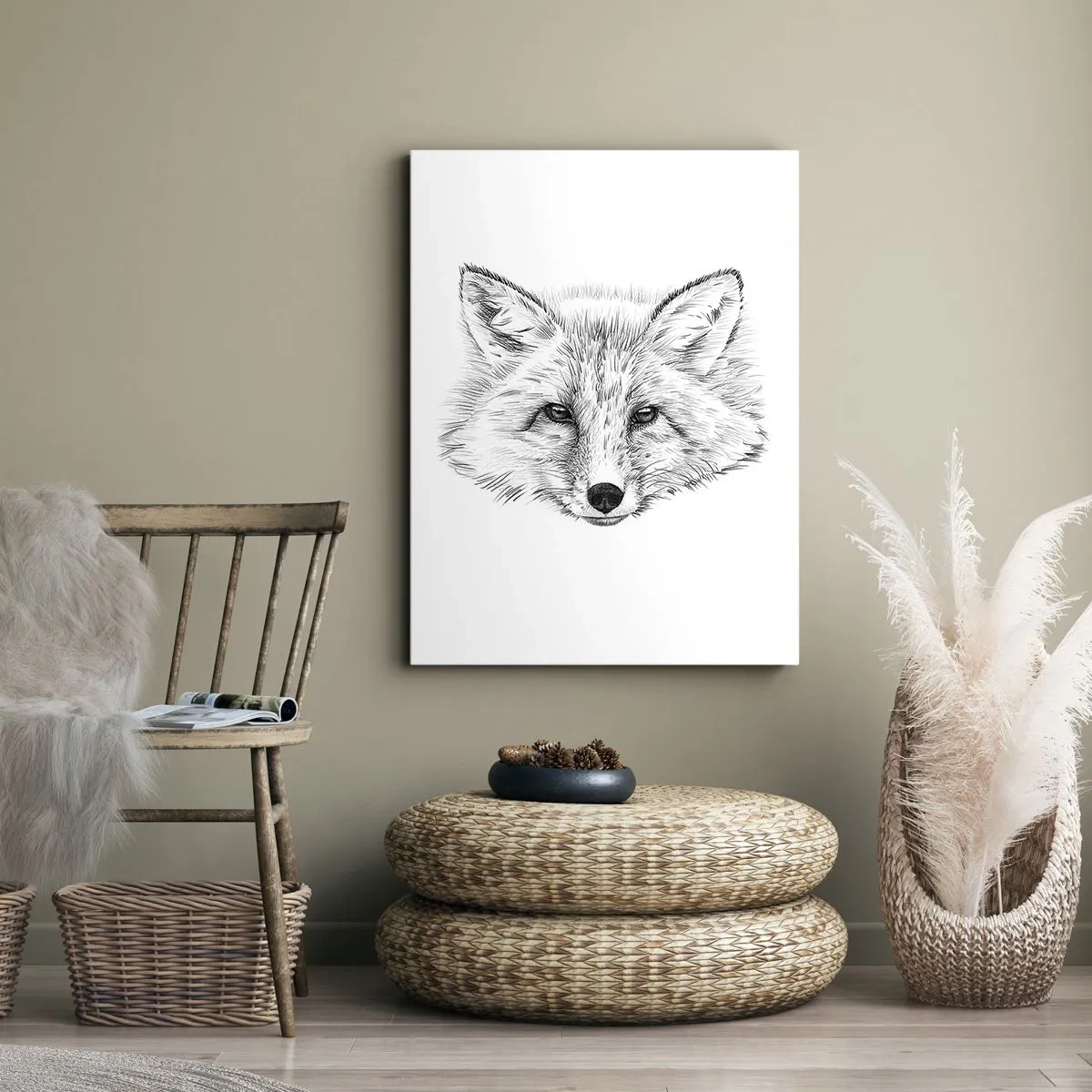 Quadro su tela - Stampe su Tela - Disegno in bianco e nero di una testa di volpe su sfondo bianco - 50x70cm - Questi occhi possono mentire? - Decorazione murale moderna per soggiorno e camera da letto ARTTOR