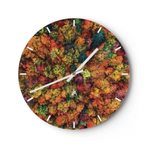 Orologio da parete - Orologio in Vetro - Una foresta autunnale vista a volo d'uccello con colori intensi - 30x30cm - Il bouquet degli alberi d'autunno - Decorazione murale moderna per soggiorno, cucina e camera da letto ARTTOR