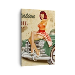 Quadro su tela - Stampe su Tela - Poster retrò della Route 66 con ragazza pin-up e macchina - 80x120cm - I fantastici anni '40 - Decorazione murale moderna per soggiorno e camera da letto ARTTOR