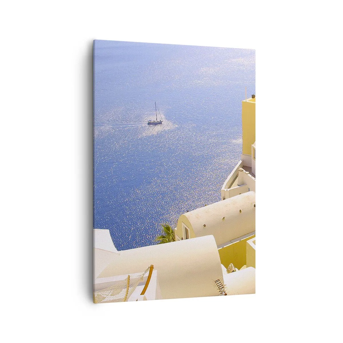 Quadro su tela - Stampe su Tela - Architettura greca con vista sul mare e una barca sullo sfondo - 70x100cm - Paesaggio greco in bianco e blu - Decorazione murale moderna per soggiorno e camera da letto ARTTOR