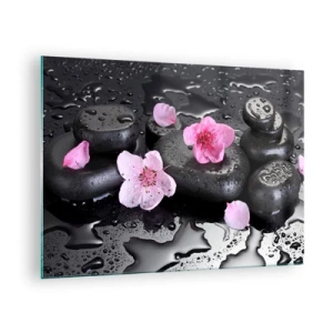 Quadro su vetro - Pietre da spa con fiori su sfondo bagnato - 70x50cm - E il cuore si libera di un peso - Decorazione murale moderna per soggiorno e camera da letto ARTTOR