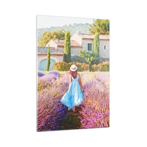 Quadro su vetro - Una donna in abito che cammina attraverso un campo di lavanda - 50x70cm - La ragazza nella lavanda - Decorazione murale moderna per soggiorno e camera da letto ARTTOR