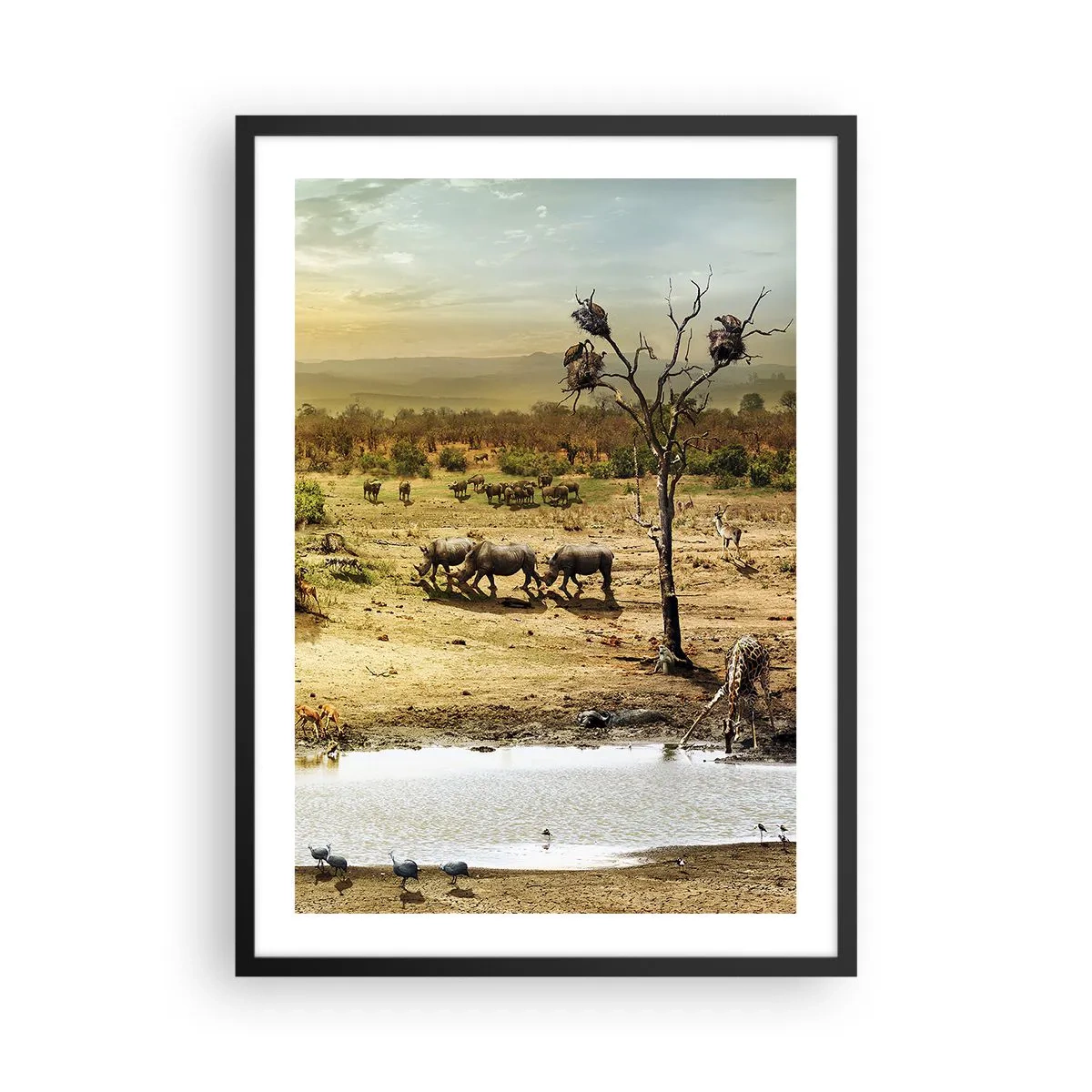 Poster in cornice nera - Savana con rinoceronti e abbeveratoio - 50x70cm - "Un fiume usciva da Eden…" - Decorazione murale moderna per soggiorno e camera da letto ARTTOR