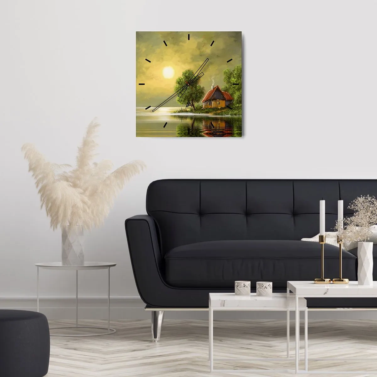 Orologio da parete - Orologio in Vetro - Casa sul lago alla luce del tramonto - 30x30cm - Bello come un quadro - Decorazione murale moderna per soggiorno e camera da letto ARTTOR