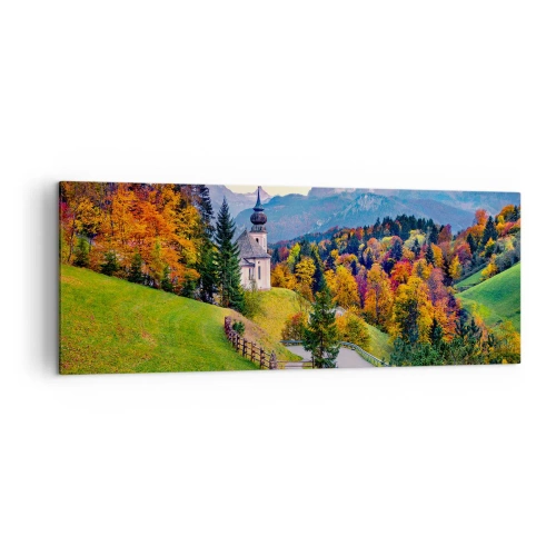 Quadro su tela - Stampe su Tela - Paesaggio montano autunnale con cappella e tramonto - 140x50cm - Un paesaggio come dipinto - Decorazione murale moderna per soggiorno e camera da letto ARTTOR