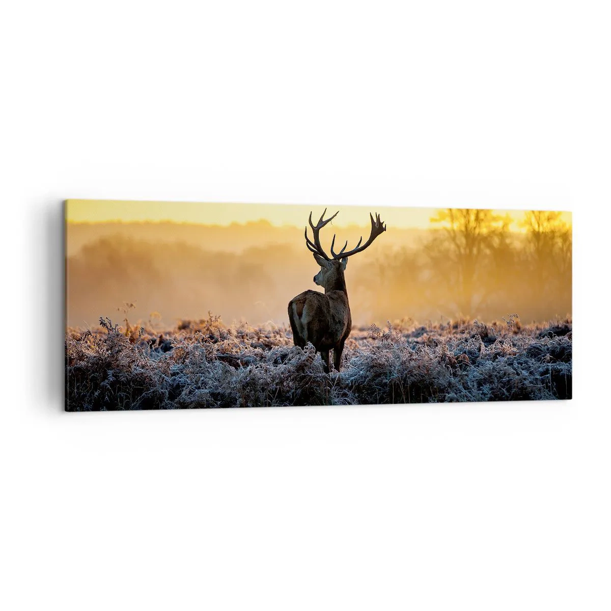 Quadro su tela - Stampe su Tela - Un cervo in una radura gelida all'alba - 140x50cm - Incoronato nelle sue terre - Decorazione murale moderna per soggiorno e camera da letto ARTTOR