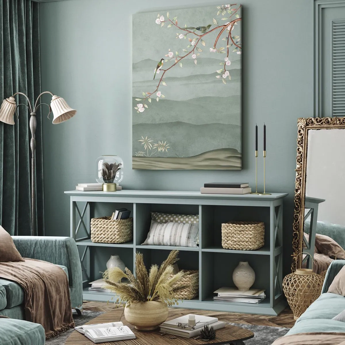 Quadro su tela - Stampe su Tela - Un'immagine pittoresca di un ramo di albero fiorito con uccelli sullo sfondo di verdi colline. - 80x120cm - Eccoti primavera - Decorazione murale moderna per soggiorno e camera da letto ARTTOR