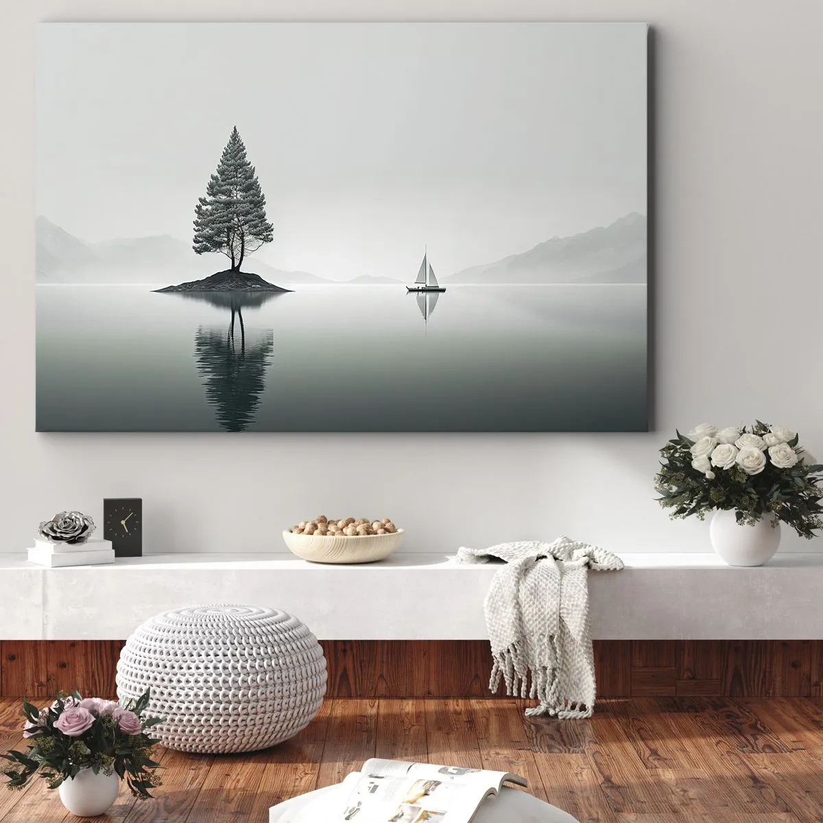 Quadro su tela - Stampe su Tela - Un paesaggio minimalista con un albero su un'isola e una barca a vela. - 70x50cm - Paesaggio onirico - Decorazione murale moderna per soggiorno e camera da letto ARTTOR