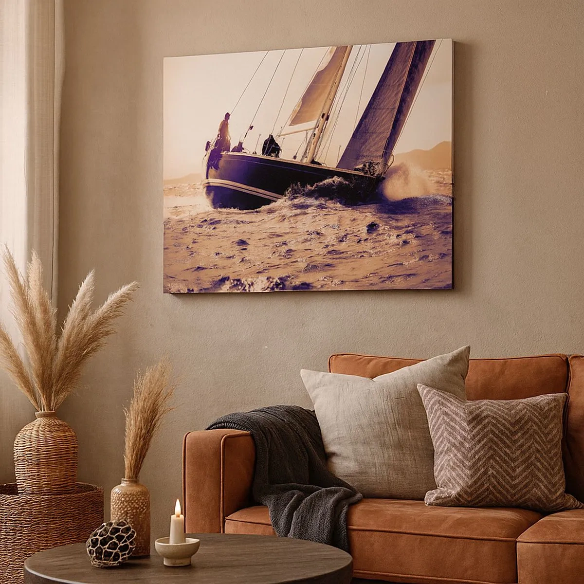 Quadro su tela - Stampe su Tela - Uno yacht in mare in tempesta alla luce del sole al tramonto - 70x50cm - Naviga, marinaio - Decorazione murale moderna per soggiorno e camera da letto ARTTOR