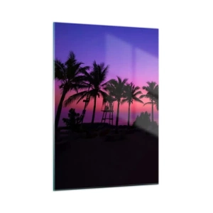 Quadro su vetro - Palme sullo sfondo di un tramonto viola-rosa - 50x70cm - Sera sotto le palme - Decorazione murale moderna per soggiorno e camera da letto ARTTOR