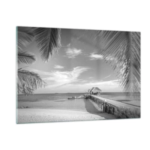 Quadro su vetro - Ripresa in bianco e nero di una spiaggia tropicale con un molo - 120x80cm - Un ricordo o un sogno? - Decorazione murale moderna per soggiorno e camera da letto ARTTOR