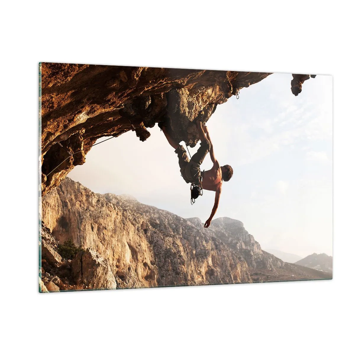 Quadro su vetro - Scalare una roccia verticale in un paesaggio montano - 120x80cm - Il mondo ristretto in una mano sul bordo del masso - Decorazione murale moderna per soggiorno e camera da letto ARTTOR