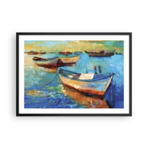 Poster in cornice nera - Barche colorate ormeggiate in acque calme - 70x50cm - Nella baia del sud - Decorazione murale moderna per soggiorno e camera da letto ARTTOR
